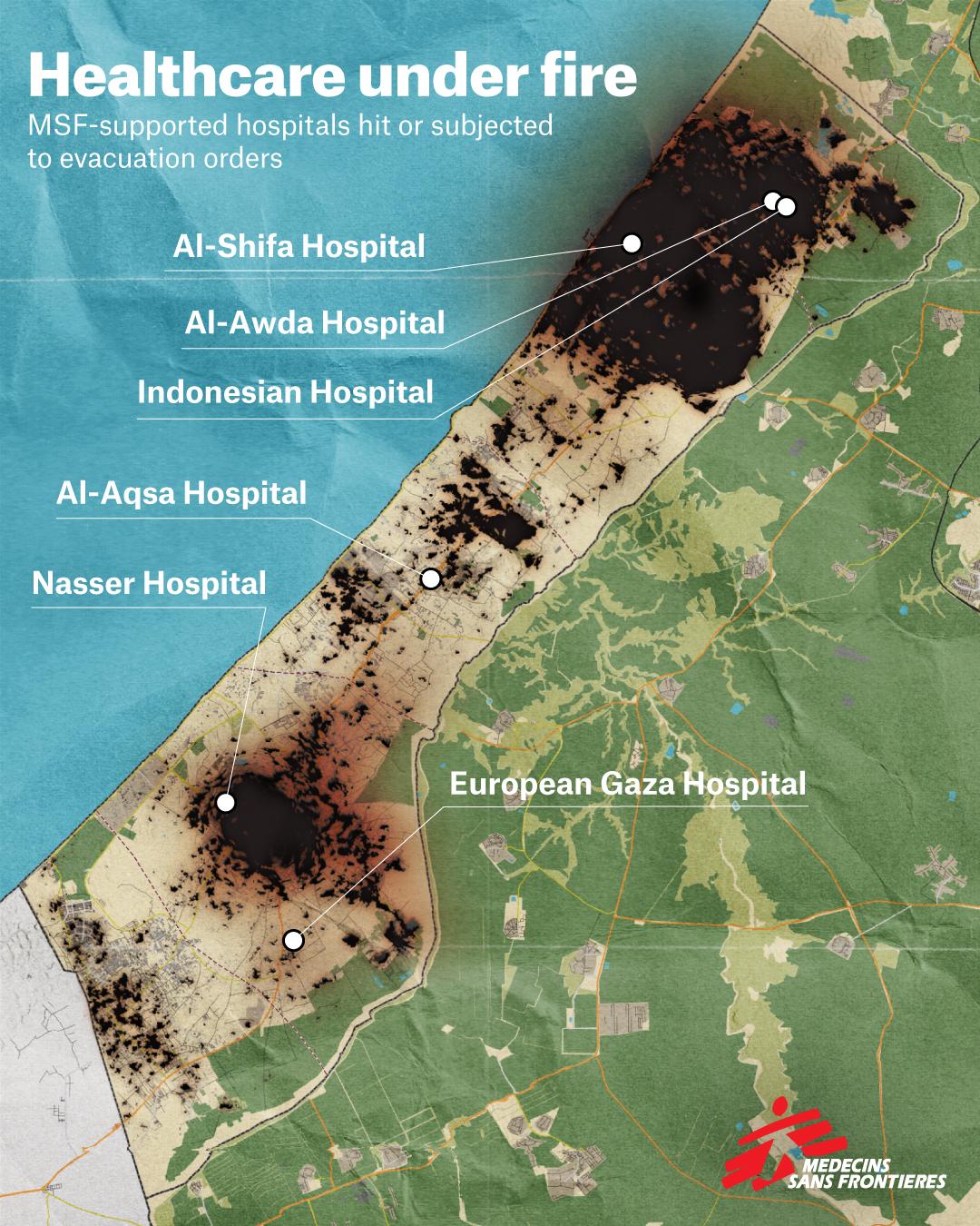 Carte montrant les hôpitaux où MSF a travaillé ou apporté son soutien après 100 jours de siège à Gaza. © MSF/Jorge Montoya
