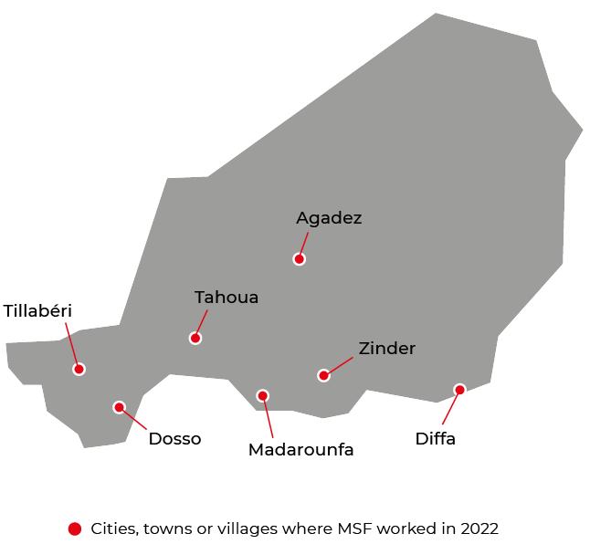 Carte des villes et villages du Niger où MSF a travaillé en 2022.