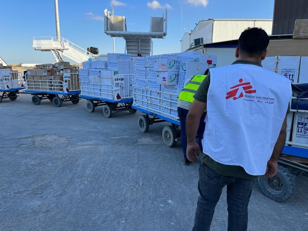 An MSF logistics coordinator supervises the cargo of medical supplies to be sent to Derna, Libya. 13 September 2023. 