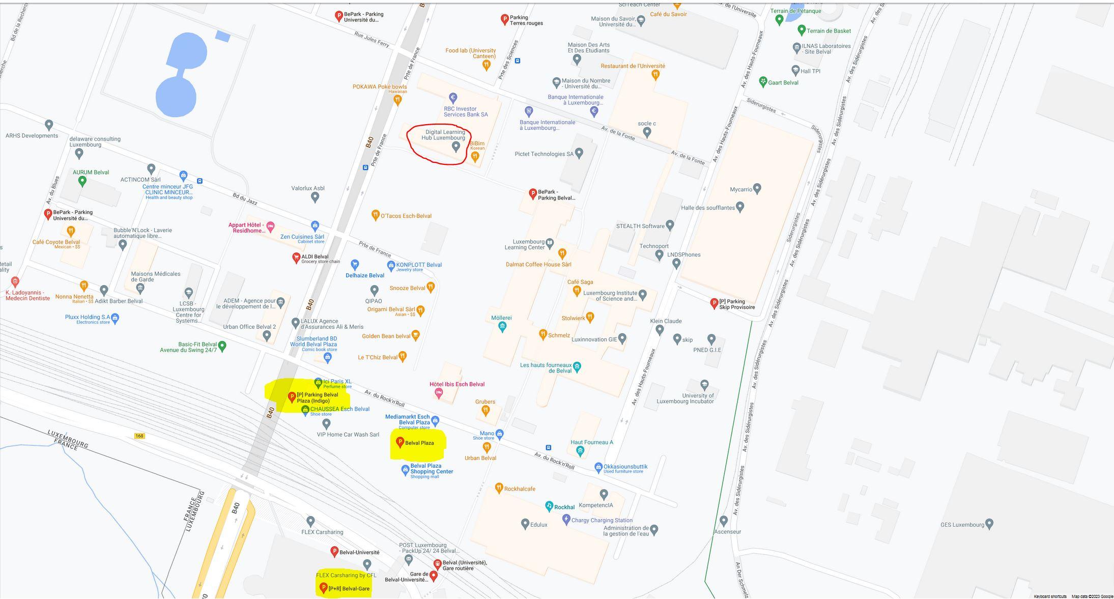 Plan d&#039;accès parkings Belval Plaza et Belval-Gare